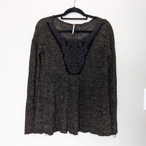 Free People Metallic Crochet Bib Long Sleeve Top